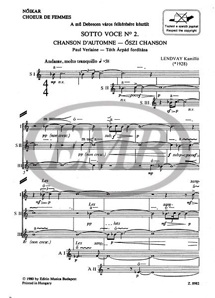 LENDVAY KAMILLÓ - SOTTO VOCE NO.2 (VERLAINE:ŐSZI CHANSON,TÓTH ÁRPÁD FORDÍTÁSA)