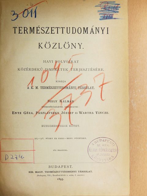 Természettudományi Közlöny 1895. január-december/Pótfüzetek a Természettudományi Közlönyhöz 1895. január-december [antikvár]
