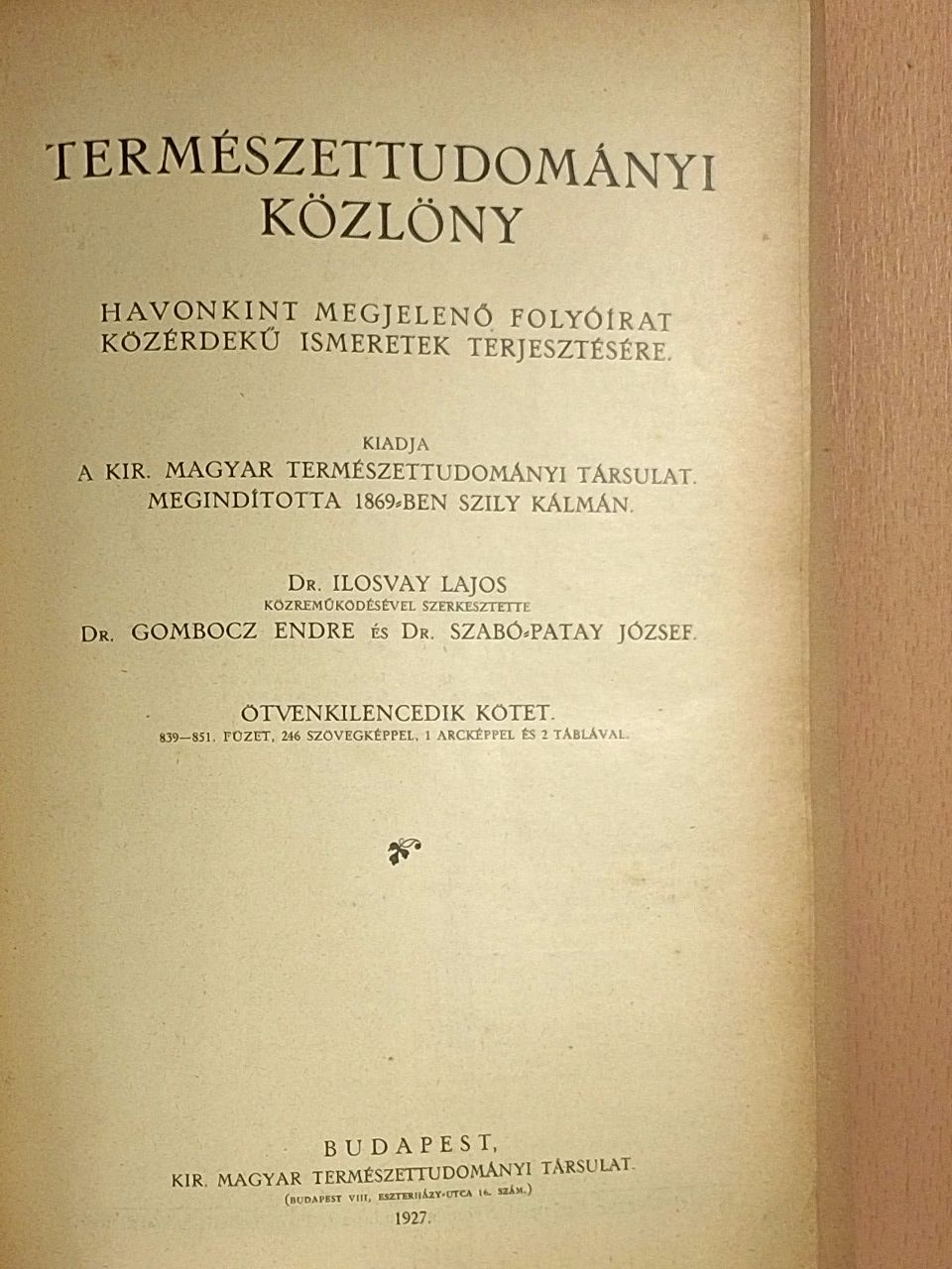Abonyi S. - Természettudományi Közlöny 1927. január-december/Pótfüzetek a Természettudományi Közlönyhöz 1927. január-december [antikvár]