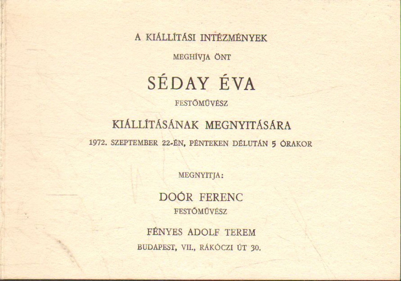 Séday Éva festőművész kiállítása (meghívó) [antikvár]