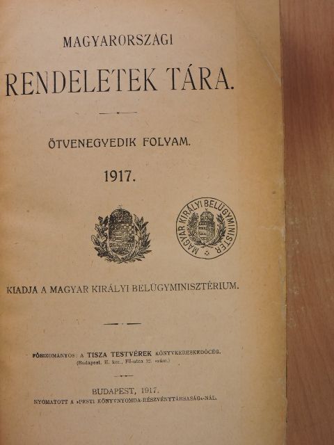 Magyarországi rendeletek tára 1917. I. [antikvár]