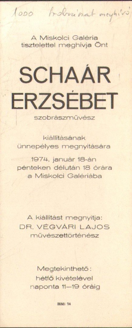 Schaár Erzsébet szobrászművész kiállítása (meghívó) [antikvár]