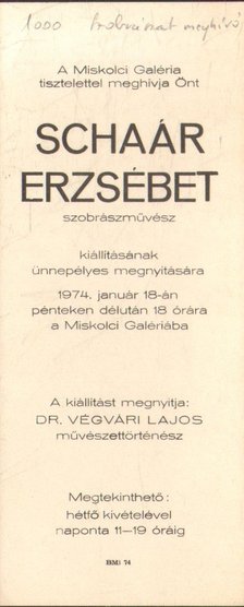 Schaár Erzsébet szobrászművész kiállítása (meghívó) [antikvár]